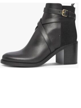 miss left Black Crossed Strap Round Toe Ankle Boot Pull On Chunky Mid Heel Shoes